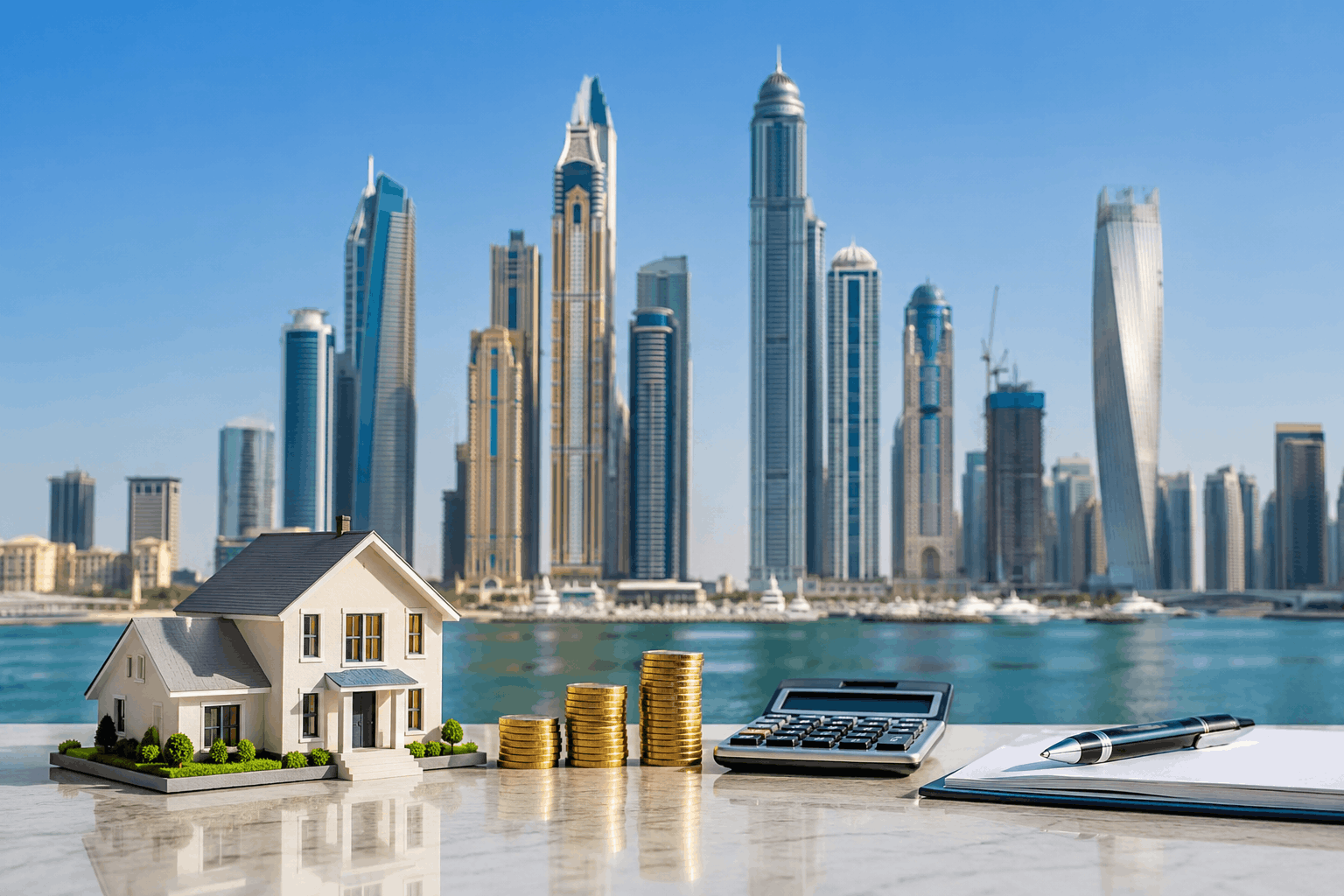 Modern Dubai skyline with a house model, calculator, gold coins, and property documents representing Dubai Land Department (DLD) property registration fees and real estate purchase costs.