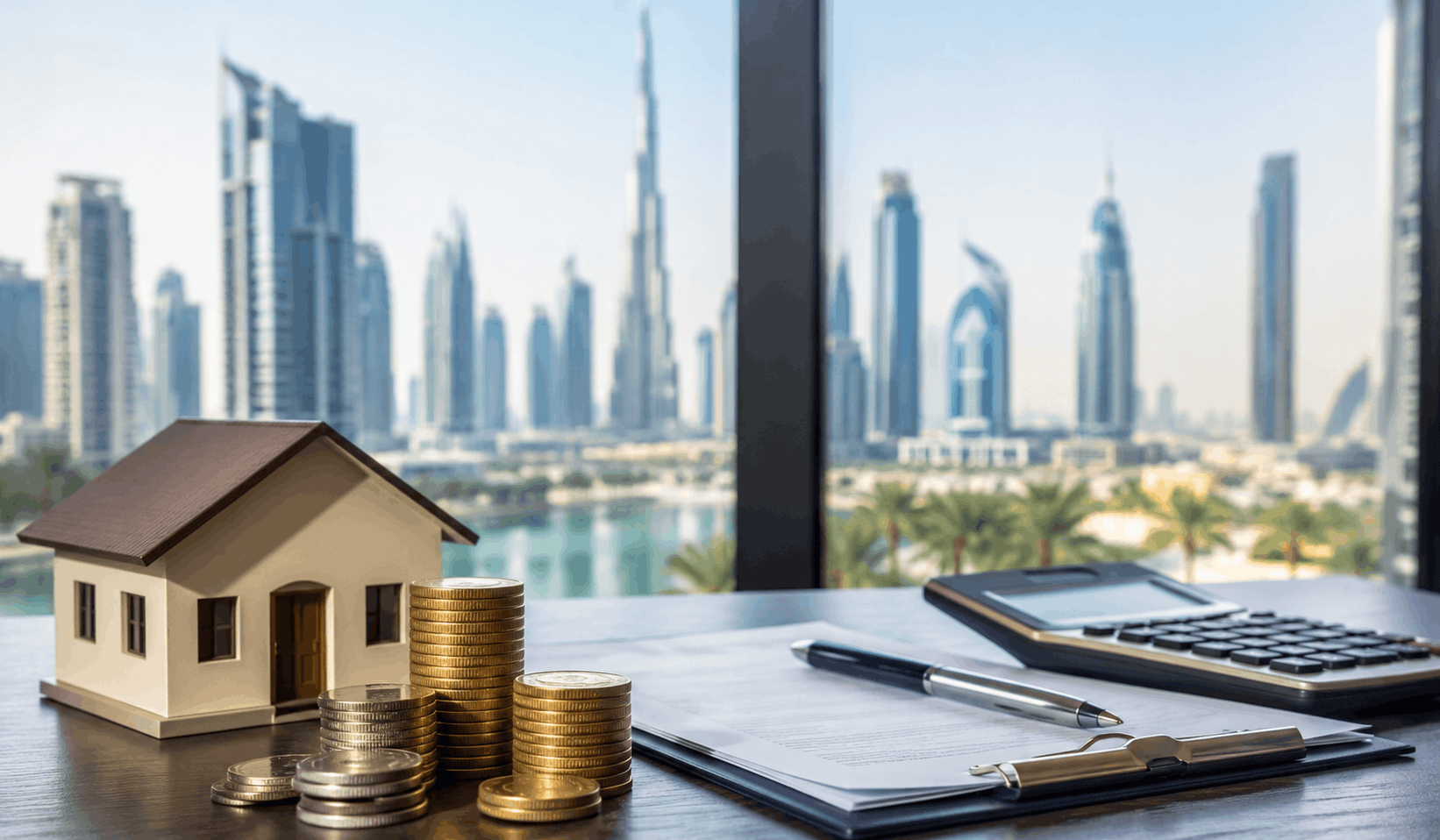 RERA Dubai rental increase calculator with house model, calculator, coins, and Dubai skyline representing tenancy renewal and rent calculation.